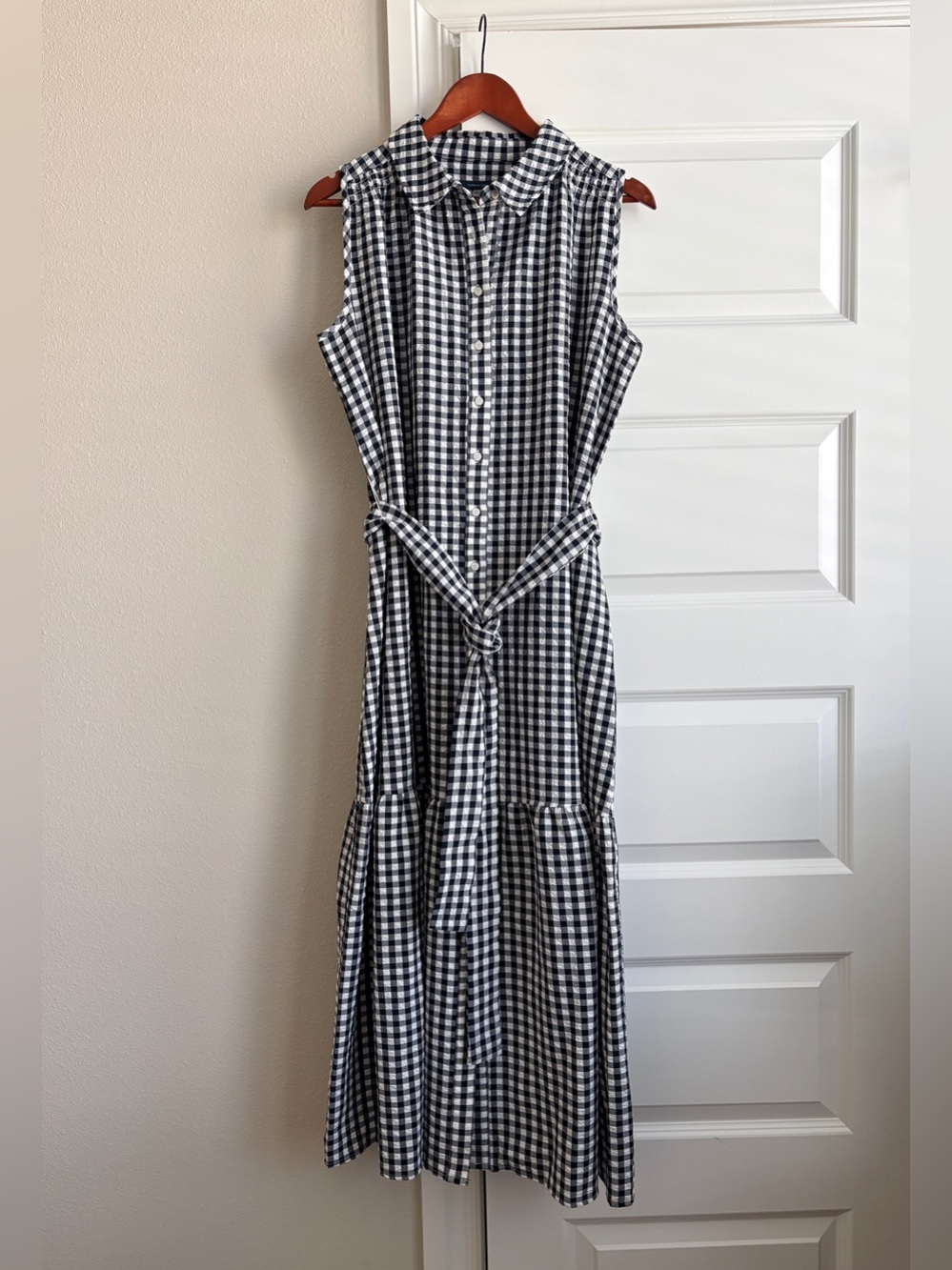 Tommy Hilfiger Navy Blue and White Gingham Sleeveless Maxi collar Shirt Dress 10